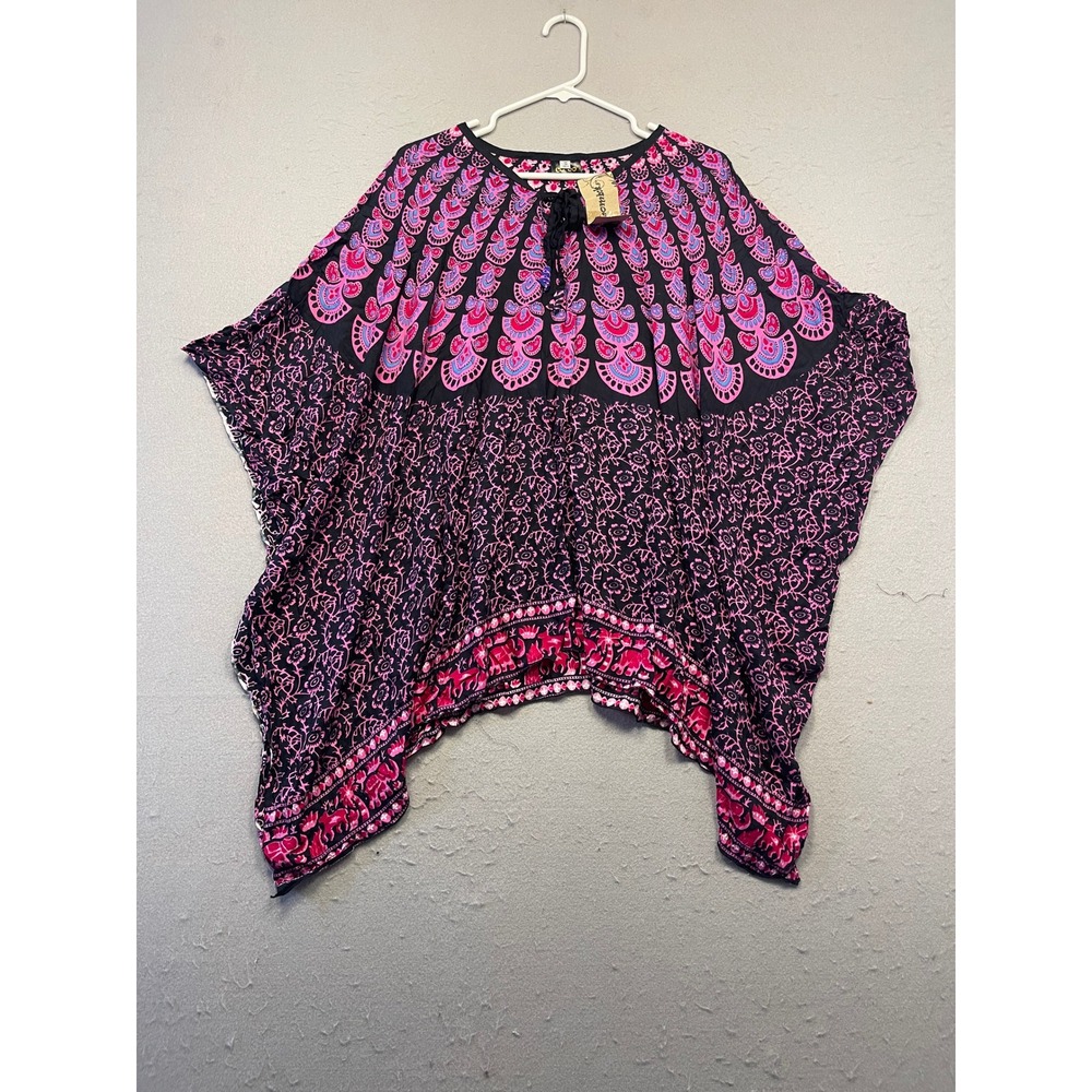 Coco Lombok Kaftan Top Woven Pink Purple Elephant Print OS Womens